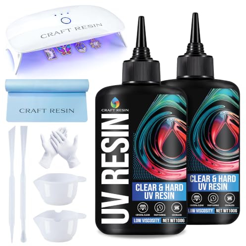 CRAFT RESIN UV-Harz-Set mit Lampe – große 36W-Lampe mit 22 LEDs und 200 g hartes, niedrigviskoses UV-Epoxidharz, kristallklar & vergilbungsbeständig – Starter Set für Schmuckherstellung und DIY