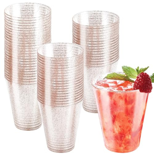 Aicharynic 60 Stück Plastikbecher, 300ml Trinkbecher aus Hartplastik, Hartplastik Becher Partybecher mit Goldglitter Mehrweg Transparent Partybecher für Hochzeit, Geburtstag, Cocktail, Dessert