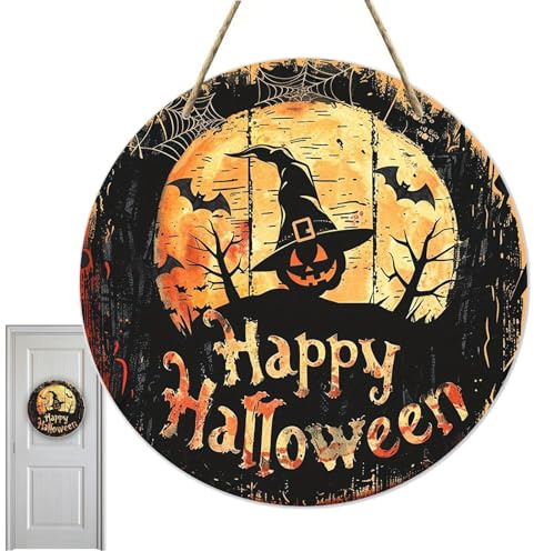 Segno della porta di Halloween rotondo - Pumpkin Benvenuto Placca sospesa, Ornamento esterno decorativo | Display murale, decorazione del portico, accento per il cortile, ghirlanda della porta d'ingre