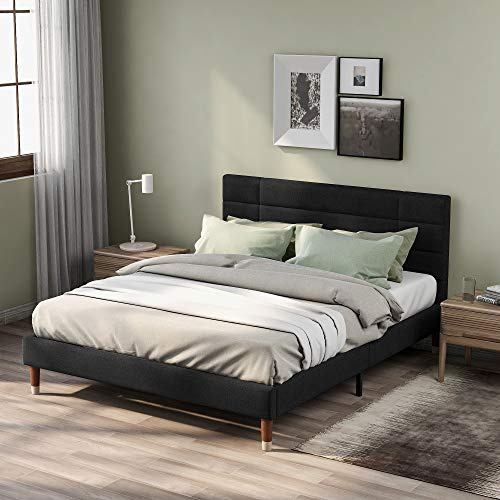 ModernLuxe Polsterbett Doppelbett 140x200 cm mit Lattenrost – Modernes Bettgestell aus Leinen mit gepolstertem Kopfteil, Schwarzes Leinenbett, Ohne Matratze