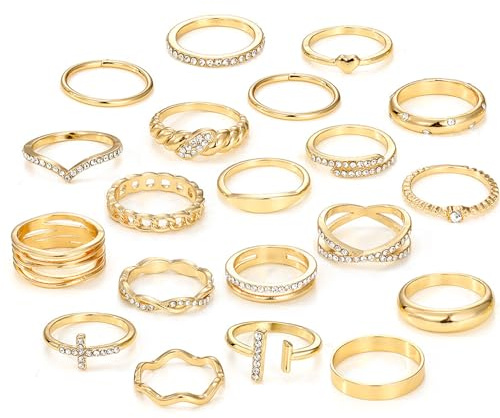 ZXTGBQ Lot de 20 Bague Femme Acier Inoxydable Baguee, Bagues Réglables en Acier Inoxydable pour Femme, Empilables Bague Phalange Ensemble, Ensembles de Bagues Réglables Empilables en Or pour Femmee
