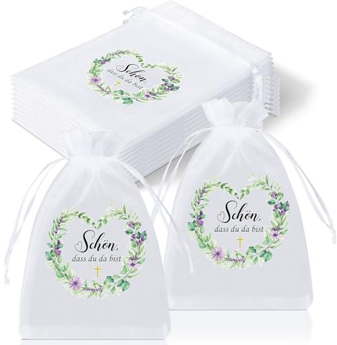 Hestya 30 Stück Schön Dass du da Bist Organzabeutel Gastgeschenke Taufe Hochzeit Geburtstag Mitgebsel Eukalyptusblätter Geschenk Organzasäckchen für Schokolade Keks Geschenktüte für Konfirmation
