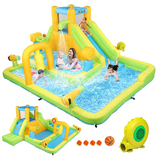 Bonnlo 8-in-1 Bouncy Castle with Blower, Inflatable Water Slide with Deep Pool, Climbing Wall, Obstacle Course, Kids Bouncy Castle for Garden Backyard, 450x300x165cm, Ages 3-8 Years
