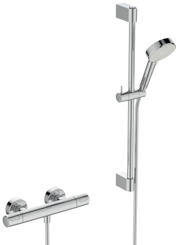 Ideal Standard Ceratherm T25 N Pacchetto miscelatore doccia, Soffione doccia Eco a risparmio idrico con getto variabile (6 l/min), incluso termostato e asta doccia (600 mm) – Cromo