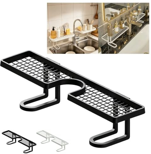 Over Sink Faucet Storage Rack, Behind the Faucet Sink Organizer U, Large Capacity Drain Tray, Waterproof, Rustproof, No Drilling, for Toothbrush Cups, Cosmetics, Kitchen (Black, 50 cm/19.69 in)