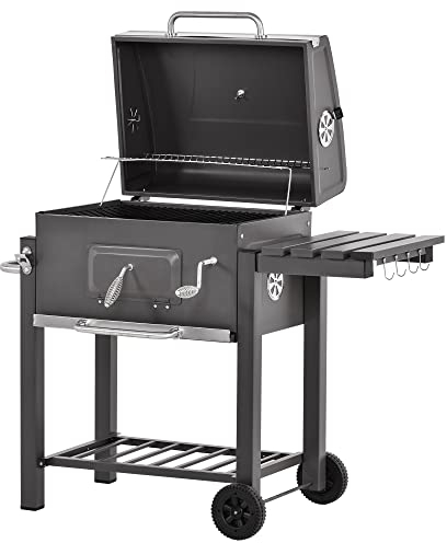 Outsunny Charcoal Grill BBQ Trolley with Adjustable Charcoal Grate, Garden Metal Smoker Barbecue with Shelf, Side Table, Wheels, Built-in Thermometer, Bottle Opener
