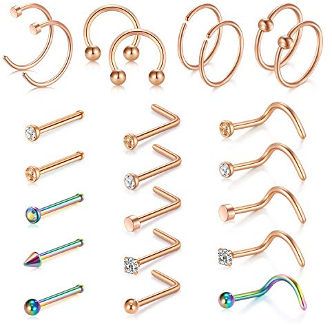 D.Bella 18G Nasenpiercing 316L Chirurgenstahl Nasenringe Nasenstecker L Förmig Spirale Nase Stecker mit Strass Nasenpiercing Schmuckset 23 Stk Rosegold Regenbogen Farbe
