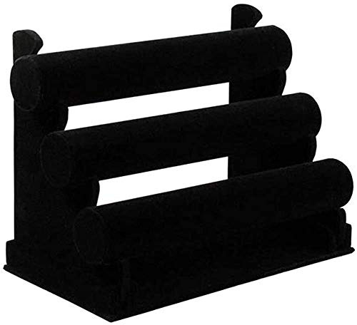 POFET 3-Stangen Samt-Armbandhalter für Uhren, Halsketten, Schmuck, Präsentationsständer und verhedderungsfreier Organizer, schwarz