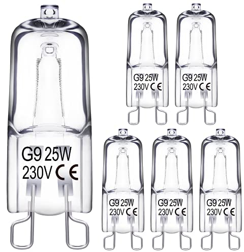 EvaStary G9 Halogen Leuchtmittel 25W 230V, Dimmbar Glühbirnen 2800K Warmweiß, 330lm Klar G9 Backofenlampe für Ofen-und Mikrowellenherd, Kronleuchter, Kabinettbeleuchtungen, Kein Flackern, 6 Stück