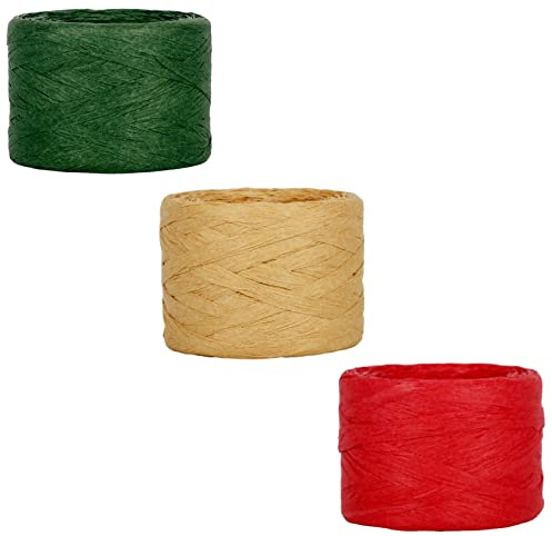 YAAVAAW 3 Rolls 50M Christmas Raffia Paper Ribbon,Natural Green Red Paper Raffia String Packing Ribbon Raffia Yarn Christmas Matte Raffia Twine Paper Recyclable Ribbons Gift Wrapping Christmas Party