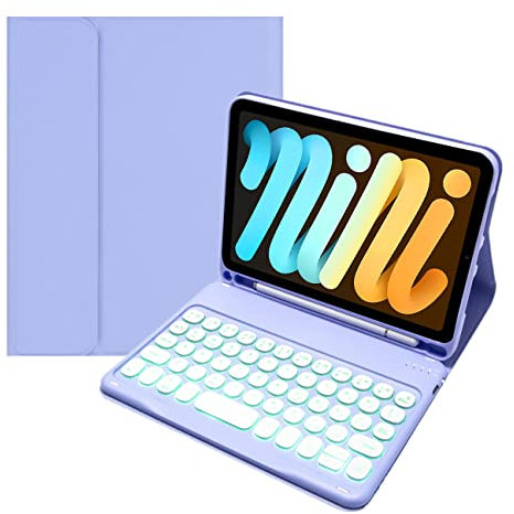 HaoHZ Funda con Teclado para iPad Mini de 6.A Generación (8,3 Pulgadas, 2021) Y Portalápices - Teclado Bluetooth Desmontable con Retroiluminación De 7 Colores,Púrpura