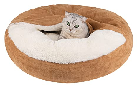 MICOOYO mysig hundbädd med huva, liten, mysig munkformad hundfiltsäng för hundvalp, lugnande husdjursgrotthängsäng för katter och valpar (liten, vete)
