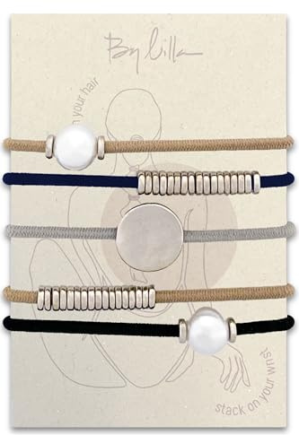 By Lilla Elastici per capelli da donna, non si strappano, accessori per capelli sottili e spessi, confezione da 5 (marmo, blu navy/perla)