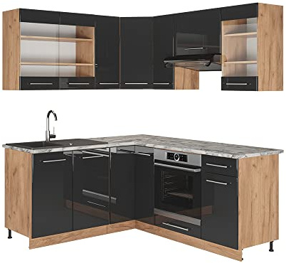 Vicco Eckküche Fame-Line, Anthrazit Hochglanz/Eiche, 190 x 160 cm | 10 Module · Höhenverstellbare Füße · Ohne Arbeitsplatte · MDF-Fronten · Softclose · Metallgriffe