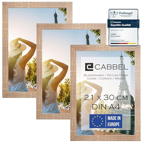 CABBEL 3er Set Bilderrahmen DIN A4 21x30 MDF Holz-Rahmen mit bruchsicherem Acrylglas, ideal für Collagen, Portraits & Urkunden in Mokka Hell