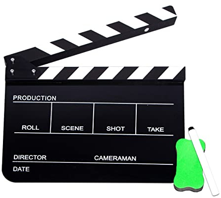 BOLLUMA Acrylic Plastic Clapper Board, 30x24cm / 12x10in Director Film Clapboard Easy Cut Action Scene Slateboard with Pen and Blackboard Eraser for Movies, Videos, TV Shows, Studio Live, Black