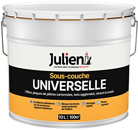 Julien Peinture Sous-Couche - Universelle - Murs et Plafonds, Plaques de Plâtre, Ciment, Béton, Enduits Lissés, Bois et Dérivés - Blanc Mat 10L