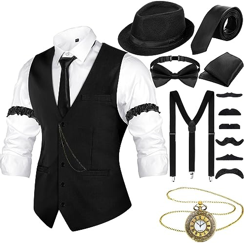 Hestya 20er Jahre Herren Accessoires mit Weste Fedora Hut Taschenuhr Fliege Krawatte Hosenträger und Requisit (Schwarz, L)