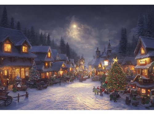 YongFoto 2,5x1,8m WeihnachtenHintergrundSzene Fee Winterlandschaft Mond Dorf Schneefeld Weihnachtsbaum Bunt Foto Hintergrund für Weihnachtsparty Festival Zuhause Poster Familie Fotografie Zubehör