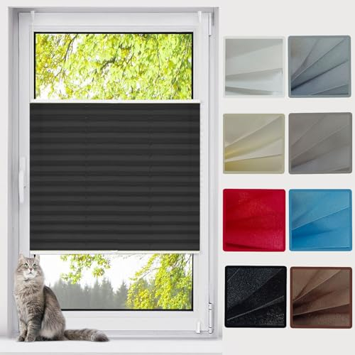 Plissee ohne Bohren verdunkelung, 75 x 170 cm Blickdicht Easyfix Sonnenschutz Jalousie Faltrollo Fensterrollo Rollo Blickdichtes Falt-Rollo, für Fenster & Tür, Schwarz