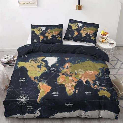Bettwäsche 155x200 Weltkarte Bettwäsche-Sets Kompasse 3D Druck Bettbezug Weltkarte Weiche Mikrofaser 3 Teilig Bettbezüge mit Reißverschluss und 2 Kissenbezug 80x80cm F1767