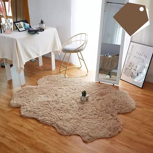 PUIOKA Flächenteppich – Unregelmäßiger Teppich, künstlicher Kaschmir-Teppich, Schlafzimmer-Plüsch, niedlich, einfach, weich, waschbar, unregelmäßig geformter Teppich, pflegeleicht