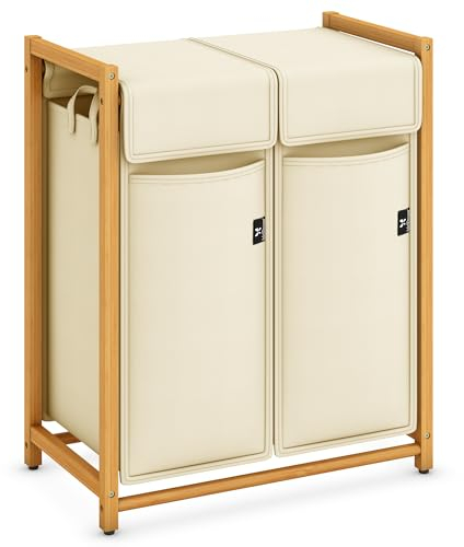 ADEL DREAM AdelDream Wäschekorb Kleidersortierer 2 Fächer Wäschewagen mit abnehmbaren Taschen Kleidersammler Bambus 100L Beige-12-1, Kuche-12