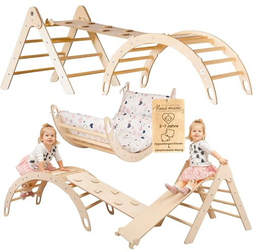 WoodsCraft 3in1 Set: Kletterdreieck, Kletterbogen & Rutsche/Kletterrampe | mit hypoallergen Kissen für Kletterbogen, holz Montessori Klettergerüst indoor, Babyrutsche, Klettern Baby & Kinder