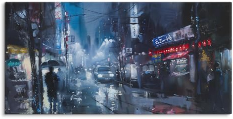 Paul Sinus Bilder auf Leinwand 120x60cm Stadt bei Nacht Straße Lichter Regen Abstrakt Kunstvoll