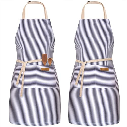 BeLuyi 2 Pack Adjustable Bib Apron with 2 Pockets Chef Cooking Kitchen Restaurant Aprons for Women Men (Blue Pinstripes)