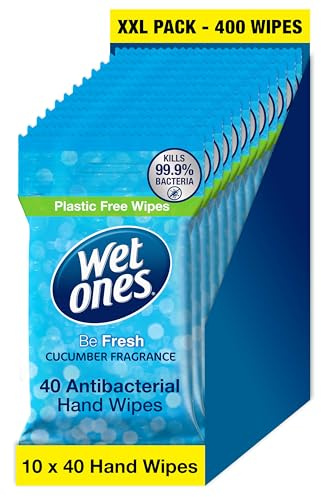 Wet Ones Be Fresh - Antibacterial Biodegradable Hand Wipes - 400 Wipes | Kills 99.9% of bacteria, for quick clean-ups & everyday use, plastic-free hand wipes, refreshing cucumber scent - 10 x 40 ct