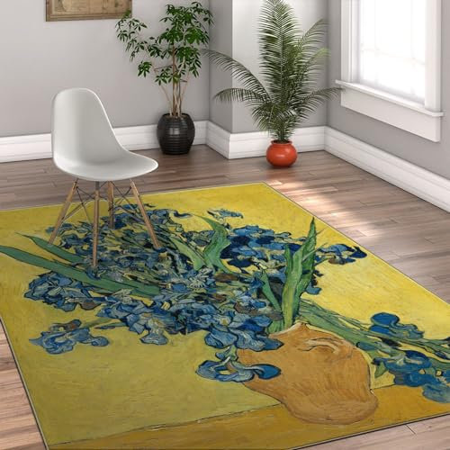 Via Vela Gelber Teppich im Retro-Stil 160x240cm - Blaue Iris und Veilchen in Einer Vase Maschinenwaschbarer Rutschfester dünner Teppich mit niedrigem Flor für die Waschküche