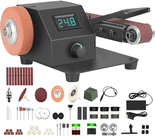 Electric Mini Belt Sander, 350W Belt Grinder with 0-90° Adjustable Sanding Arm, Infinity Speed Regulation & LED Display Screen, Benchtop Belt Polisher for Metal, Plastic, Wood Upgraded model