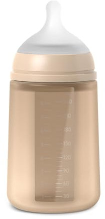 Suavinex, Biberon in Silicone da 240 ml, con Tettarella Fisiologica in Silicone SX Pro, con Valvola Anticolica, Biberon a Flusso Medio (M). Per bambini +3 mesi. Colour Essence Nocciola