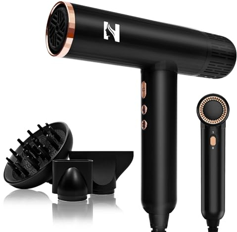 NICEBAY Ionen Föhn mit Diffusor，1900W Hochgeschwindigkeits Haartrockner | Profi Fön mit 110000 U/min BLDC Motor für Schnelles Trocknen, 4 Temperatur- & 3 Luftstufen, Leicht & Leise，Schwarz/Gold