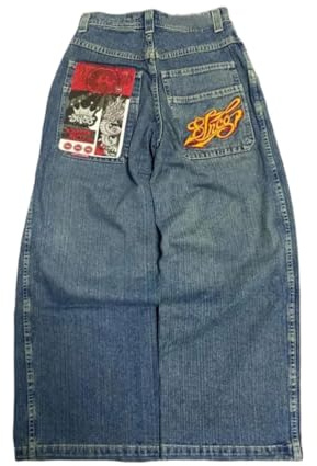 ORANDESIGNE Jeans Y2K Homme Taille Basse Printed Pants Pantalon Unisexe Pantalon Cargo Décontracté Imprimé Hippie Streetwear Z08 Bleu M