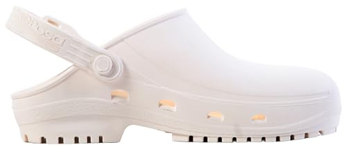 REPOSA Eco - bekväma gummiskor för kvinnor och män, lätta, stötfria, perfekta för hem, trädgård, gör-det-själv - anatomiska sandaler med sidohål, vikbar sladd, Vitt och blått, 42 EU