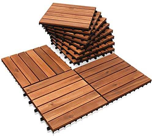 ISOISL Holzfliesen Balkon 30x30cm, Akazienholz Terrassenfliesen 55Stück 5㎡,Balkon Bodenbelag (6 Latten),Terassenboden Außen,Klickfliesen Terrasse Mosaik für Garten Patio