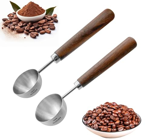 2Pcs Stainless Steel Coffee Measuring Scoops with Long Wooden Handles, 15ml & 30ml Espresso Bean Spoons Barista Kitchen Brewing Accessories