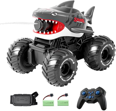 RoserRose Ferngesteuertes Auto, 2.4GHz RC Monster Truck Shark – Wasser-/Land Fahrzeug mit 10m Wasserpistole, 20 km/h, 30m Reichweite, 3X 1200mAh Akkus, Uhr-Fernbedienung, für Kinder ab 6-12 Jahre