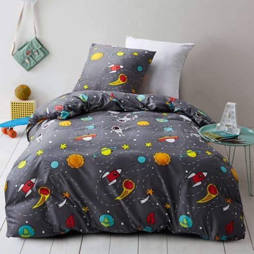 Freyamy Kinder Bettwäsche 135x200cm Jungen Grau Weltall Sternenhimmel Kinderbettwäsche Mikrofaser Weltraum Babybettwäsche 1 Bettbezug mit Reißverschluss und Kissenbezug 80x80cm