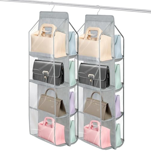 HFYZZ 2 Stücke Handtaschen Aufbewahrung Faltbarer Kleiderschrank Organizer Hängend mit 8 Durchsichtigen Kunststofffächern Veranstalter für Kleiderschrank, über Tür, Wohnzimmer, Grau