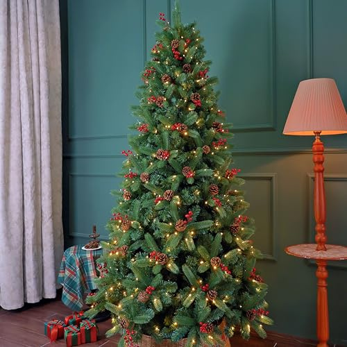 Asinse Pre-Lit 7ft Christmas Tree, 1220 PE+PVC Branch Tips, 450 Multicolor LED Lights-9 Chasing Modes, Xmas tree with 72 Berries and 72 Pine Cones, Hanged Branches, Metal Satnd, Christmas Decoration