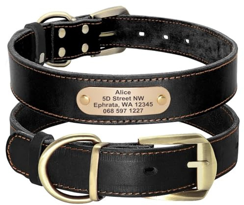 Custom Leather Adjustable Dog Training Collar Personalized Loss Proof with ID Tag Pit Bulldog Poodle Phone Number Name Collar,Schwarz,2XS