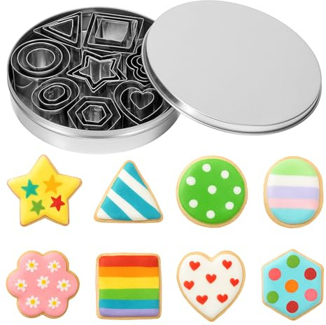 24 Piece Mini Cookie Cutter Set with Box, Stainless Steel Cookie Cutter Set, Fruit Veggie Tiny Polymer Clay Cutters, Geometric Shapes Molds & Stamp, Round Star Triangle Flower Heart Oval Square