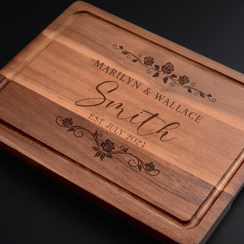 Tabla de cortar personalizada en madera, encimera de bambú para carne, jamón, pan, quesos, natural, sostenible. Idea de regalo para parejas, novia, padres, familia-28x20 cm, 33x23 cm, 38x26 cm