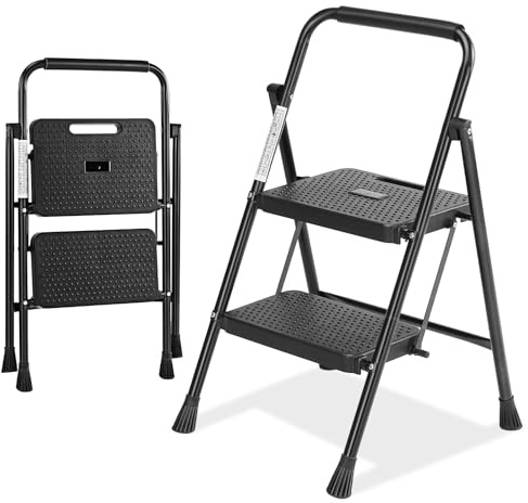 Sweetcrispy 2 Step Ladder, 800lbs Folding Step Stool with Wide Anti-Slip Pedal, Sturdy Ladder, Convenient Handrail, Lightweight, Portable Step Stool