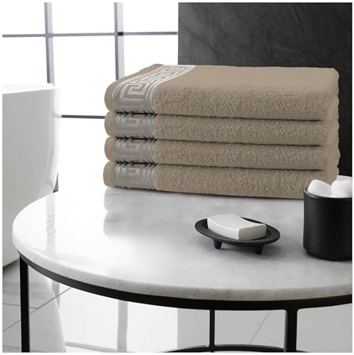 GC GAVENO CAVAILIA Greek Key Bath Towels - Natural - 66 x 115 CM - 4 Pack | Extra Large, 500 GSM, Quick Dry & Super Absorbent, Soft 100% Cotton Fabric, Ideal for Bathroom, Spa & Gym