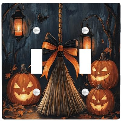 Halloween Witch Magic Broom Decorative Light Switch Cover Plate 2 Gang Double Toggle, Scary Pumpkin Witchy Lantern Electrical Faceplate for Room, Fun Happy Switchcover Switchplate
