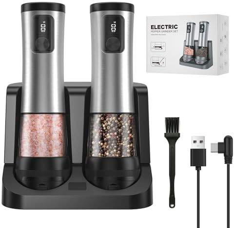 Lot de 2 moulins à poivre et sel électriques rechargeables automatiques, avec base de charge, 5 niveaux, affichage, éclairage LED, grande capacité (2, acier inoxydable, base de chargement USB)